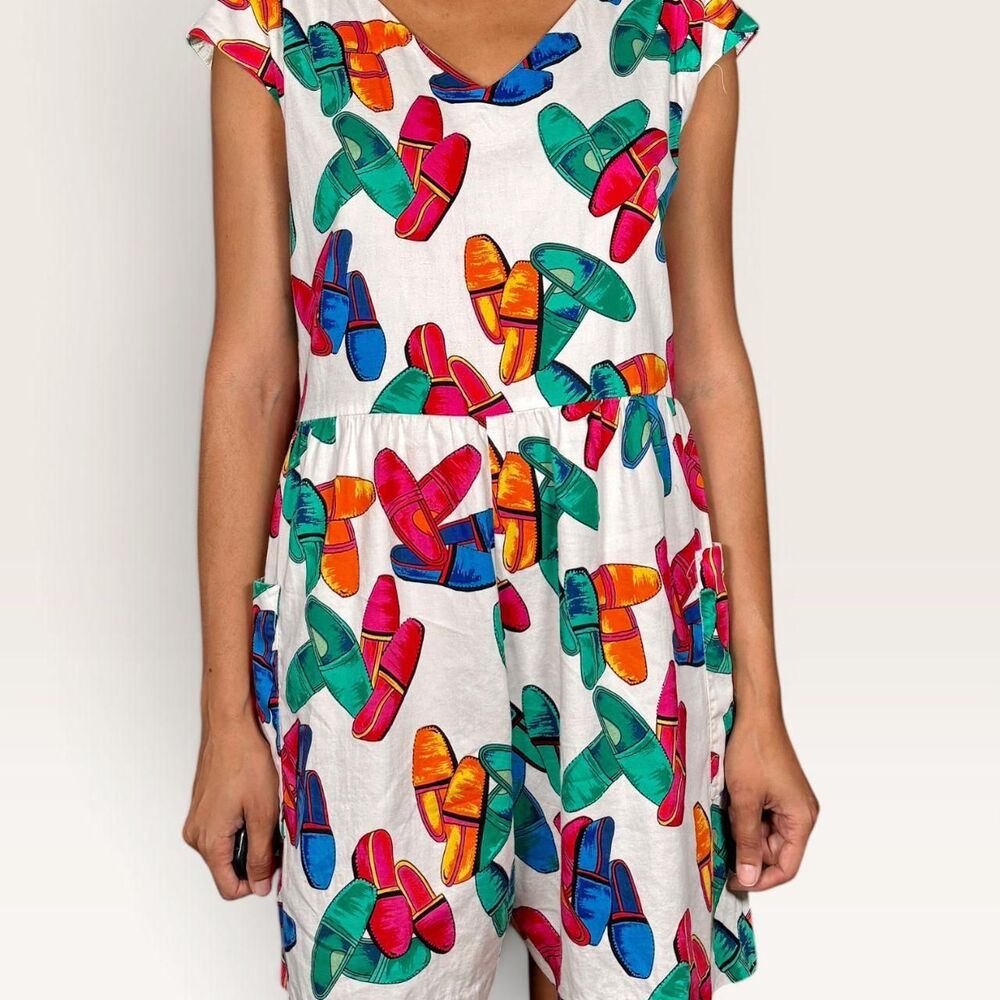 Cynthia Rowley Vintage 1990s Novelty Shoe Print Romper w/ Pockets Sz 6 Art Girl